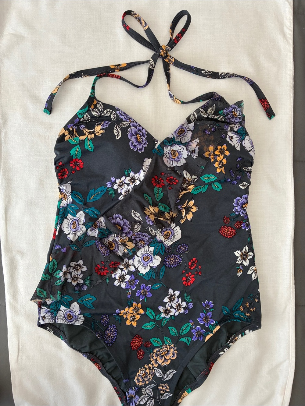 Time and Tru Black Floral Halter One-Piece Swimsuit